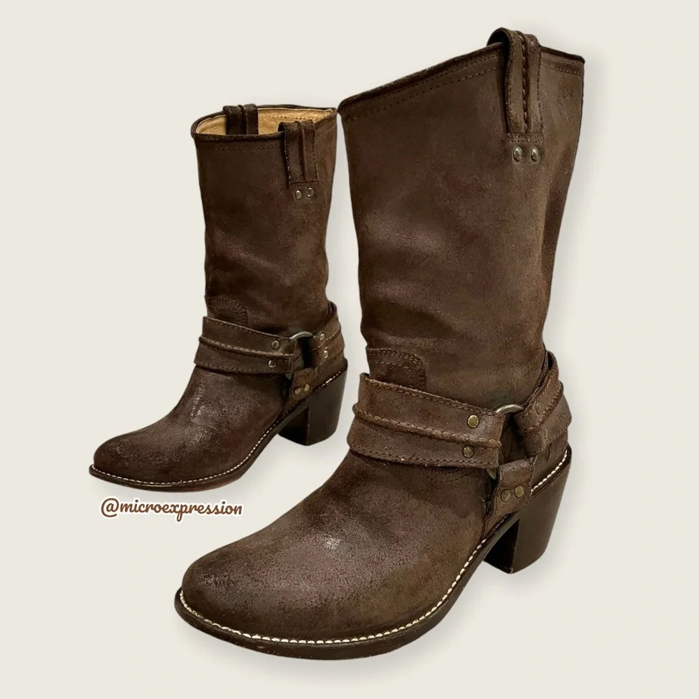 $379 Frye Carmen Harness Motorcycle Brown Leather Mid Calf Pull On Short Boot - Picture 8 of 13